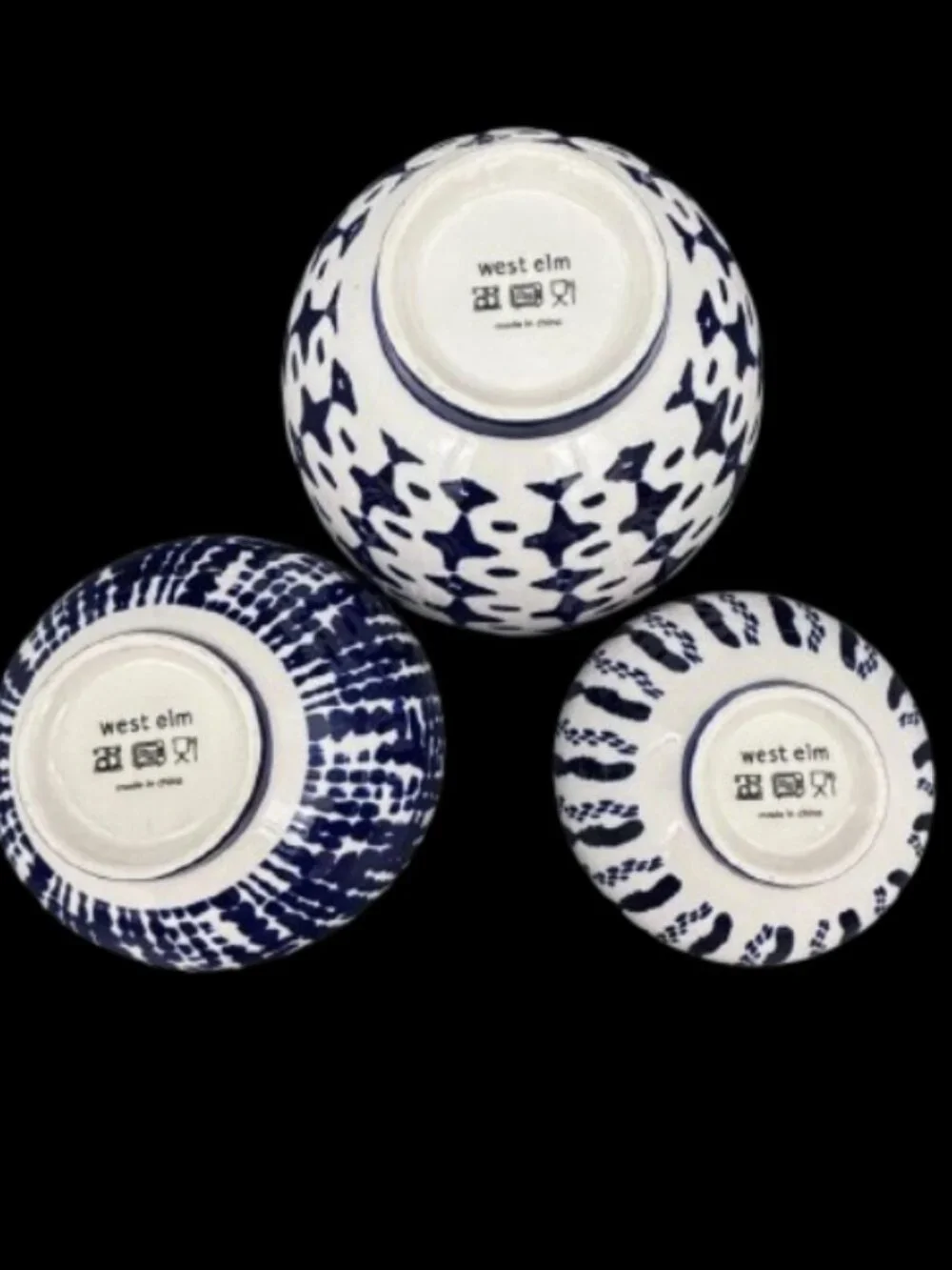 West Elm Indigo Tie Dye Ceramic Blue White Nesting Bowls Set of 3